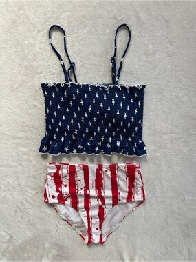 American Flag Bikini in Red White Blue Size Small Smocked Top High Rise Bottom